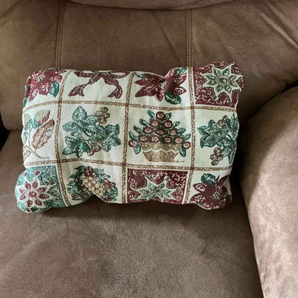Vintage Christmas Tapestry Accent Pillow Woven Poinsettia Holly Wreath Holiday